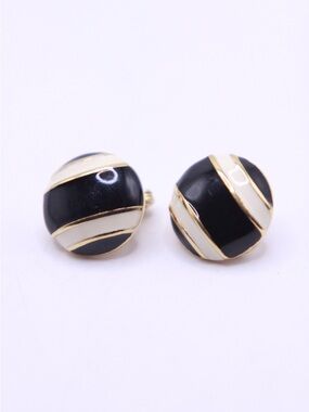 Vintage Monet Black and White Striped Enamel Round Clip Earrings